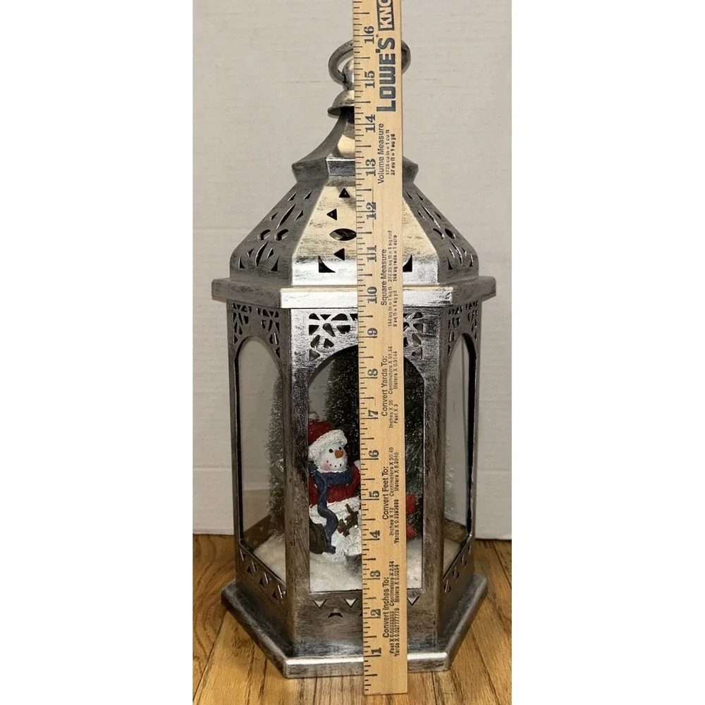 Christmas Silver Lantern Snowman Scene Trees‎ Light Lights Up Holiday Decor
